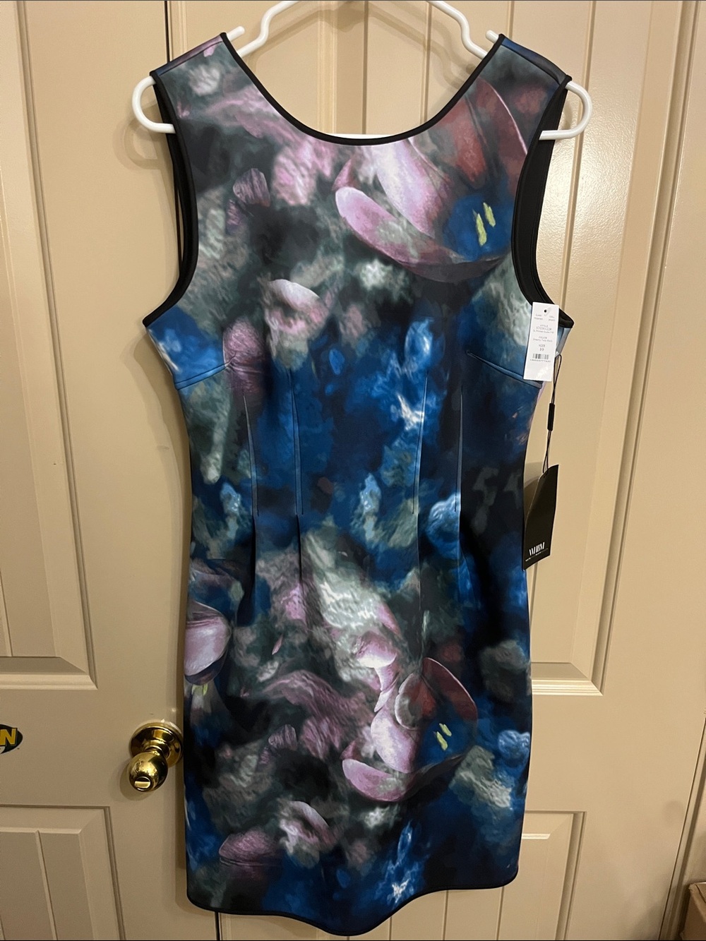 White House Black Market Blue, Purple and Black Floral Midi Sheath Dress NWT